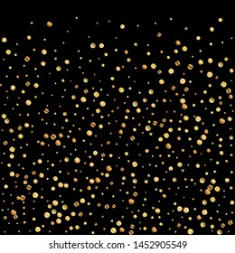Sparse gold confetti luxury sparkling confetti. Scattered small gold particles on black background. Amusing festive overlay template. Divine vector illustration.