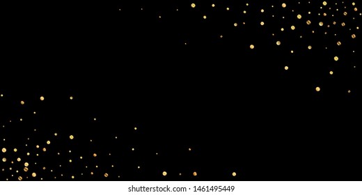 Sparse gold confetti luxury sparkling confetti. Scattered small gold particles on black background. Astonishing festive overlay template. Sightly vector illustration.