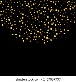 Sparse gold confetti luxury sparkling confetti. Scattered small gold particles on black background. Amusing festive overlay template. Tempting vector illustration.
