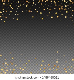 Sparse gold confetti luxury sparkling confetti. Scattered small gold particles on transparent background. Alive festive overlay template. Exotic vector illustration.