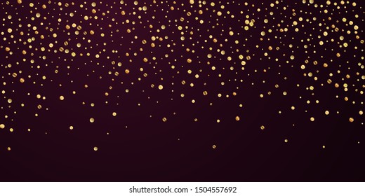 Sparse gold confetti luxury sparkling confetti. Scattered small gold particles on red maroon background. Awesome festive overlay template. Quaint vector illustration.