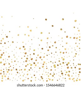 Sparse gold confetti luxury sparkling confetti. Scattered small gold particles on white background. Adorable festive overlay template. Uncommon vector illustration.