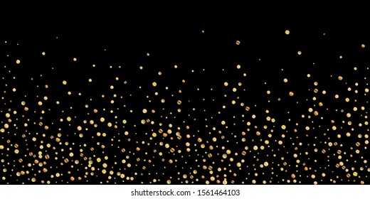 Sparse gold confetti luxury sparkling confetti. Scattered small gold particles on black background. Beautiful festive overlay template. Sublime vector illustration.