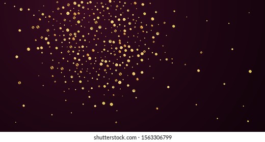 Sparse gold confetti luxury sparkling confetti. Scattered small gold particles on red maroon background. Awesome festive overlay template. Extraordinary vector illustration.