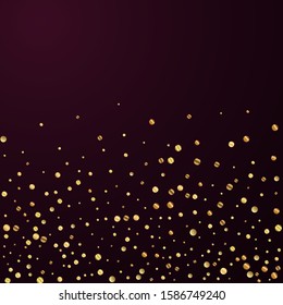 Sparse gold confetti luxury sparkling confetti. Scattered small gold particles on red maroon background. Amazing festive overlay template. Splendid vector illustration.