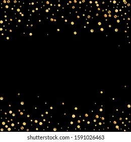 Sparse gold confetti luxury sparkling confetti. Scattered small gold particles on black background. Alive festive overlay template. Excellent vector illustration.