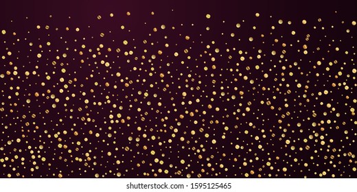 Sparse gold confetti luxury sparkling confetti. Scattered small gold particles on red maroon background. Brilliant festive overlay template. Terrific vector illustration.