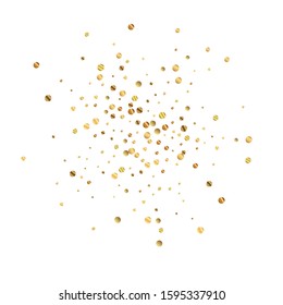 Sparse gold confetti luxury sparkling confetti. Scattered small gold particles on white background. Actual festive overlay template. Shapely vector illustration.