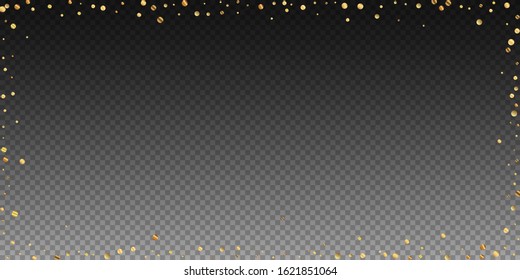 Sparse gold confetti luxury sparkling confetti. Scattered small gold particles on transparent background. Bold festive overlay template. Resplendent vector illustration.