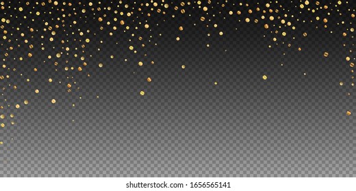 Sparse Gold Konfetti Luxus funkelnden Konfetti. Geschachtelte kleine Goldpartikel auf transparentem Hintergrund. Bizarre festliche Overlay-Vorlage. Wunderbare Vektorillustration-Illustration.