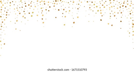 Sparse gold confetti luxury sparkling confetti. Scattered small gold particles on white background. Beauteous festive overlay template. Cute vector illustration.