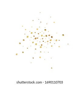 Sparse gold confetti luxury sparkling confetti. Scattered small gold particles on white background. Admirable festive overlay template. Delightful vector illustration.