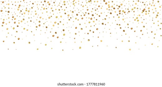 Sparse gold confetti luxury sparkling confetti. Scattered small gold particles on white background. Breathtaking festive overlay template. Noteworthy vector illustration.