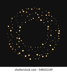 Sparse gold confetti. Round bagel frame with sparse gold confetti on black background. Vector illustration.