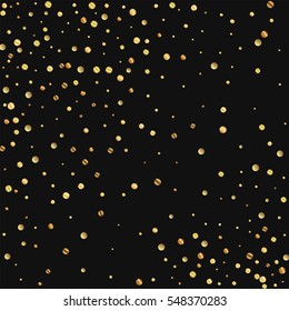 Sparse gold confetti. Scatter pattern with sparse gold confetti on black background. Vector illustration.
