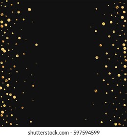 Sparse gold confetti. Scattered frame on black background. Vector illustration.