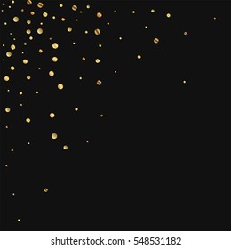 Sparse gold confetti. Scattered top left corner with sparse gold confetti on black background. Vector illustration.