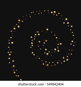 Sparse gold confetti. Spiral with sparse gold confetti on black background. Vector illustration.