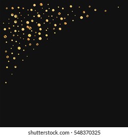 Sparse gold confetti. Top left corner with sparse gold confetti on black background. Vector illustration.