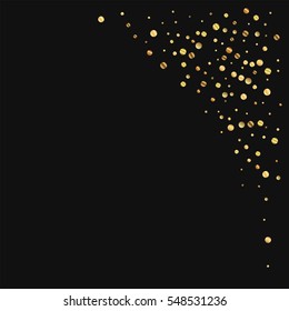 Sparse gold confetti. Top right corner with sparse gold confetti on black background. Vector illustration.