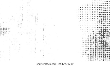 Textura grunge de meio-tom escasso. Clusters isolados de pontos de tinta com ruído de impressão afligido e mínimo desgaste de listras. Plano de fundo de sobreposição de vetor.
