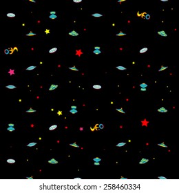 Sparse pattern with different extraterrestrial spaceships and text, illustration over a black sky background 