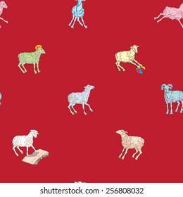 Sparse seamless pattern with different sheeps, hand drawn cartoons on a red background