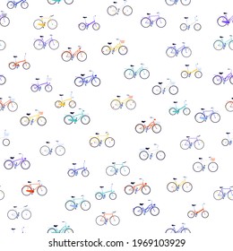 Sparse seamless pattern with small elements all kinds of city bicycles on the transparent background