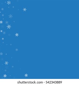 Sparse snowfall. Abstract left border with sparse snowfall on blue background. Vector illustration.