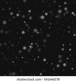 Sparse snowfall. Chaotic scatter lines with sparse snowfall on black background. Vector illustration.