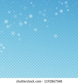 Sparse snowfall Christmas background. Subtle flying snow flakes and stars on blue transparent background. Adorable winter silver snowflake overlay template. Pretty vector illustration.