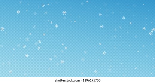 Sparse snowfall Christmas background. Subtle flying snow flakes and stars on blue transparent background. Awesome winter silver snowflake overlay template. Beauteous vector illustration.