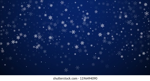 Sparse snowfall Christmas background  Subtle flying snow flakes   stars dark blue night background  Beauteous winter silver snowflake overlay template  Symmetrical vector illustration 
