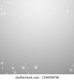 Sparse snowfall Christmas background. Subtle flying snow flakes and stars on light grey background. Adorable winter silver snowflake overlay template. Good-looking vector illustration.