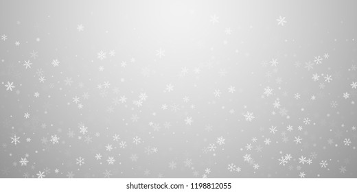 Sparse snowfall Christmas background. Subtle flying snow flakes and stars on light grey background. Beautiful winter silver snowflake overlay template. Delightful vector illustration.