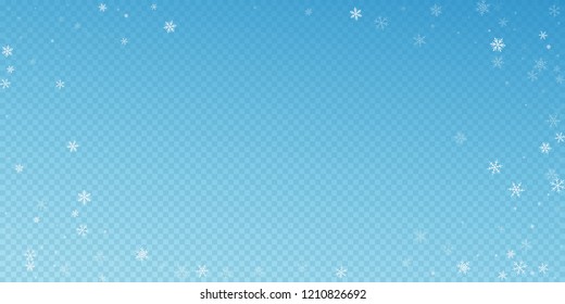 Sparse snowfall Christmas background. Subtle flying snow flakes and stars on blue transparent background. Bewitching winter silver snowflake overlay template. Uncommon vector illustration.