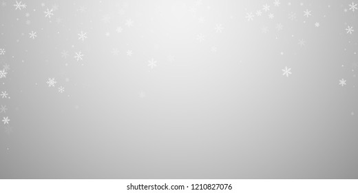 Sparse snowfall Christmas background. Subtle flying snow flakes and stars on light grey background. Awesome winter silver snowflake overlay template. Lively vector illustration.