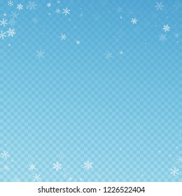 Sparse snowfall Christmas background. Subtle flying snow flakes and stars on blue transparent background. Adorable winter silver snowflake overlay template. Fresh vector illustration.
