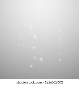 Sparse snowfall Christmas background. Subtle flying snow flakes and stars on light grey background. Bewitching winter silver snowflake overlay template. Original vector illustration.