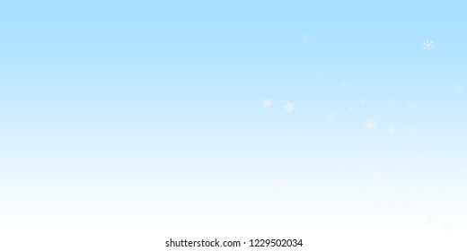 Sparse snowfall Christmas background. Subtle flying snow flakes and stars on winter sky background. Artistic winter silver snowflake overlay template. Wondrous vector illustration.