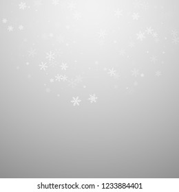 Sparse snowfall Christmas background. Subtle flying snow flakes and stars on light grey background. Amazing winter silver snowflake overlay template. Exotic vector illustration.
