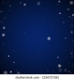Sparse snowfall Christmas background. Subtle flying snow flakes and stars on dark blue night background. Amazing winter silver snowflake overlay template. Noteworthy vector illustration.