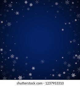 Sparse snowfall Christmas background. Subtle flying snow flakes and stars on dark blue night background. Amazing winter silver snowflake overlay template. Wonderful vector illustration.