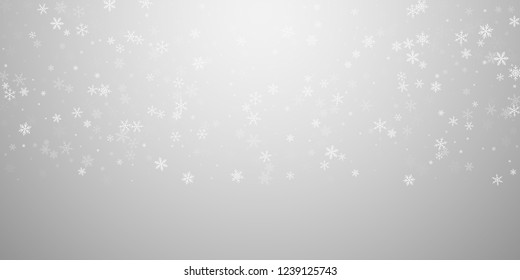 Sparse snowfall Christmas background. Subtle flying snow flakes and stars on light grey background. Beauteous winter silver snowflake overlay template. Decent vector illustration.