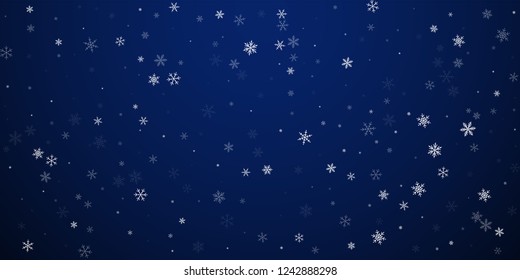 Sparse snowfall Christmas background. Subtle flying snow flakes and stars on dark blue night background. Awesome winter silver snowflake overlay template. Energetic vector illustration.