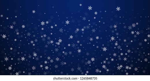 Sparse snowfall Christmas background. Subtle flying snow flakes and stars on dark blue night background. Beautiful winter silver snowflake overlay template. Delicate vector illustration.