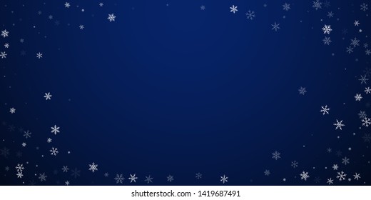 Sparse snowfall Christmas background. Subtle flying snow flakes and stars on dark blue night background. Bewitching winter silver snowflake overlay template. Unequaled vector illustration.