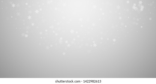 Sparse snowfall Christmas background. Subtle flying snow flakes and stars on light grey background. Beautiful winter silver snowflake overlay template. Modern vector illustration.