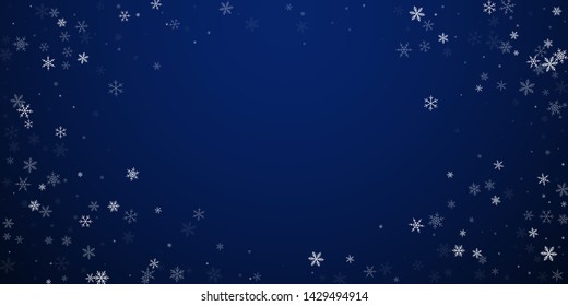 Sparse snowfall Christmas background. Subtle flying snow flakes and stars on dark blue night background. Bewitching winter silver snowflake overlay template. Bizarre vector illustration.