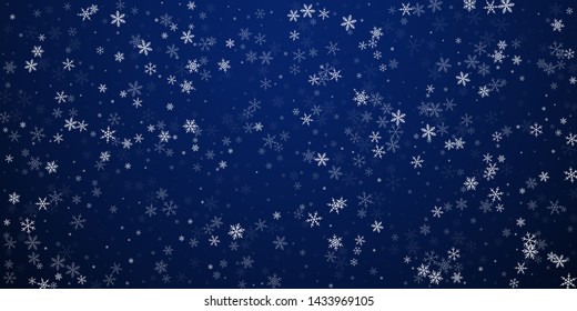 Sparse snowfall Christmas background. Subtle flying snow flakes and stars on dark blue night background. Beautiful winter silver snowflake overlay template. Grand vector illustration.